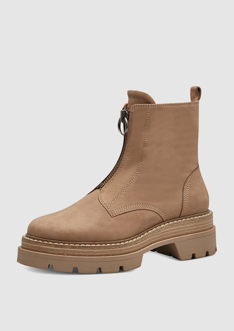 Beige Stiefelette mit Reißverschluss und rutschfester Sohle.