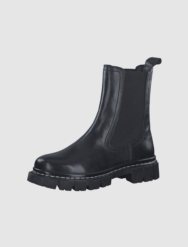 Schwarze Chelsea-Stiefel aus Leder mit breiter Sohle.