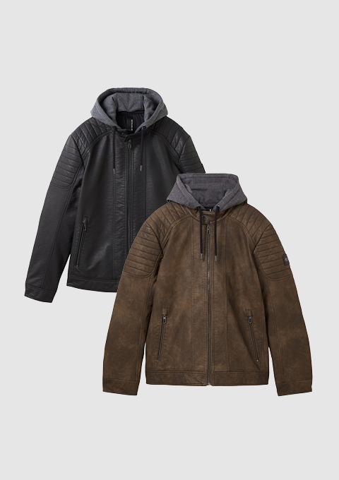 Zwei Jacken mit Kapuzen: eine schwarze und eine braune. Zwei Jacken mit Kapuzen: eine schwarze und eine braune.