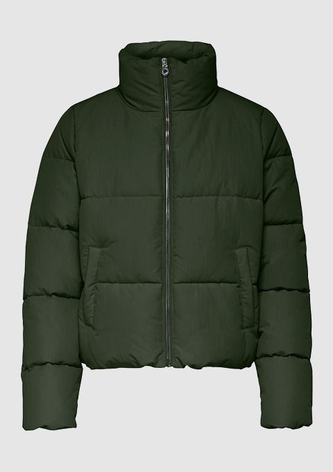 Dunkelgrüne, gepolsterte Jacke mit stehendem Kragen und Reißverschluss. Dunkelgrüne, gepolsterte Jacke mit stehendem Kragen und Reißverschluss.