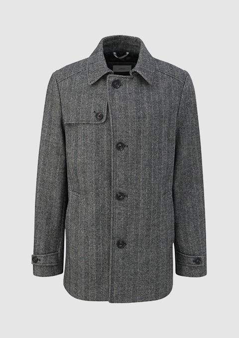 Eine graue Jacke mit gestreiftem Muster und vier Knöpfen. Eine graue Jacke mit gestreiftem Muster und vier Knöpfen.