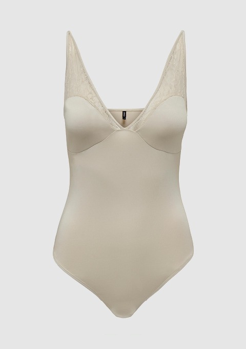 Ein beiger Body mit Spitzenbesatz und tiefem V-Ausschnitt. Ein beiger Body mit Spitzenbesatz und tiefem V-Ausschnitt.