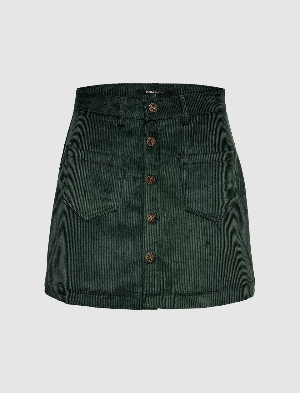 Ein grüner Cord-Rock mit Knopfleiste und Taschen. Ein grüner Cord-Rock mit Knopfleiste und Taschen.