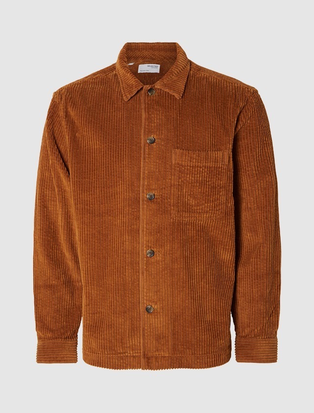 Ein brauner Cord-Hemdjacke mit Knöpfen und einer Brusttasche. Ein brauner Cord-Hemdjacke mit Knöpfen und einer Brusttasche.