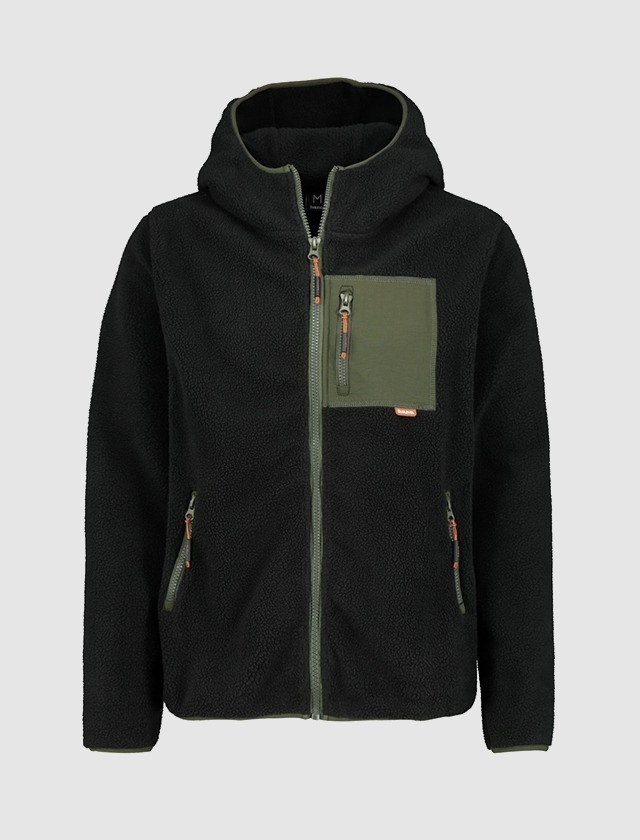 Eine schwarze Fleecejacke mit Kapuze und drei Taschen. Eine schwarze Fleecejacke mit Kapuze und drei Taschen.
