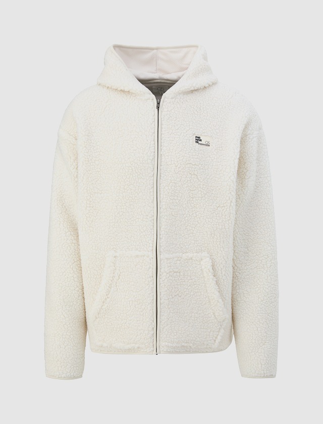 Eine weiße, gestofte Kapuzenjacke mit Reißverschluss und zwei Fronttaschen. Eine weiße, gestofte Kapuzenjacke mit Reißverschluss und zwei Fronttaschen.