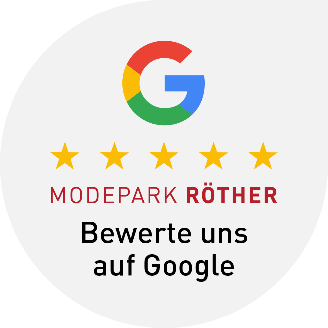 Logo von Google mit fünf goldenen Sternen und dem Text: MODEPARK RÖTHER - Bewerte uns auf Google.