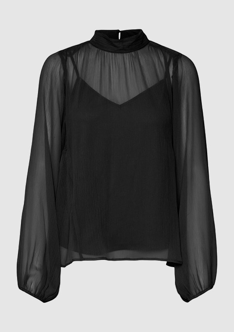 Schwarze, durchsichtige Bluse mit Stehkragen und langen Ärmeln. Schwarze, durchsichtige Bluse mit Stehkragen und langen Ärmeln.