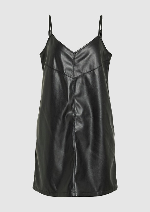 Ein schwarzes, ärmelloses Kleid aus Leder. Ein schwarzes, ärmelloses Kleid aus Leder.