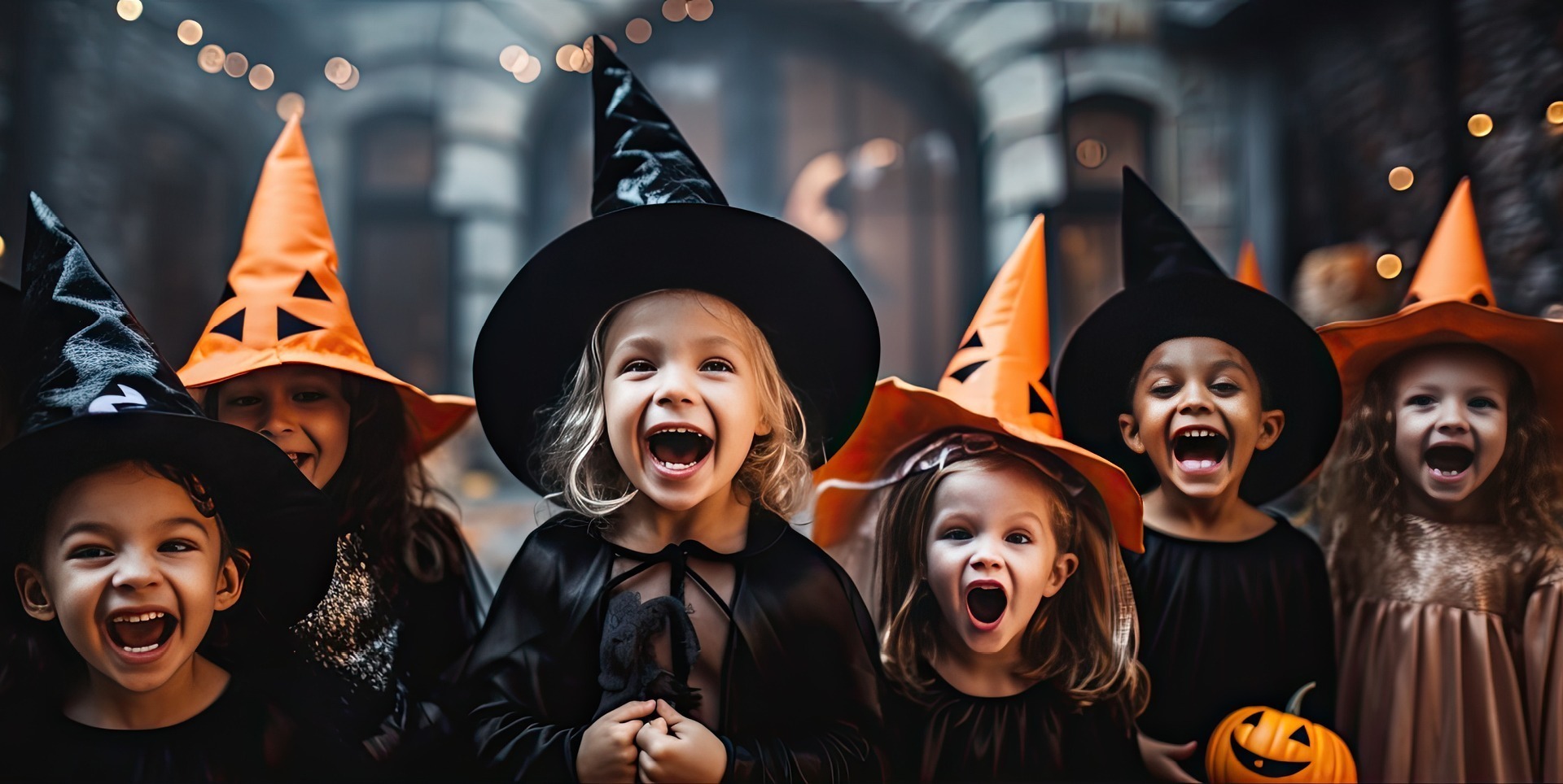 Sechs Kinder in Halloween-Kostümen mit Hexenhüten lächeln und schreien fröhlich, während sie Kürbisse halten. Sechs Kinder in Halloween-Kostümen mit Hexenhüten lächeln und schreien fröhlich, während sie Kürbisse halten.