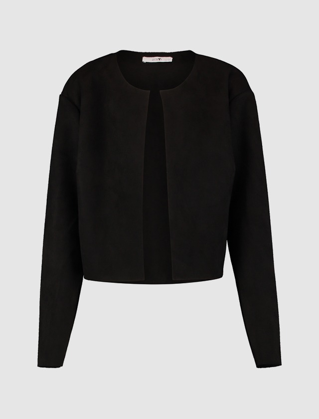 Schwarze, kurz geschnittene Jacke mit langen Ärmeln und rundem Ausschnitt. Schwarze, kurz geschnittene Jacke mit langen Ärmeln und rundem Ausschnitt.