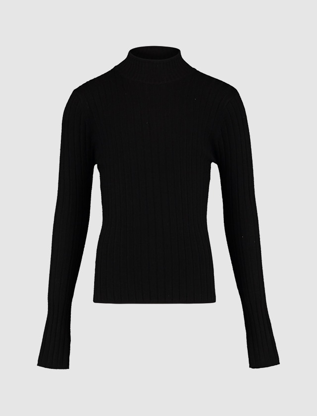 Schwarzer, langärmeliger Pullover mit Stehkragen und Rippstruktur. Schwarzer, langärmeliger Pullover mit Stehkragen und Rippstruktur.