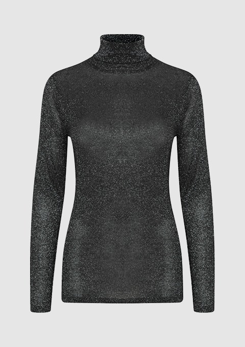 Schwarzes, glitzerndes Longsleeve mit Stehkragen.