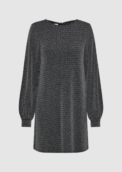 Schwarzes Kleid mit langen Ärmeln und strukturiertem Gewebe.