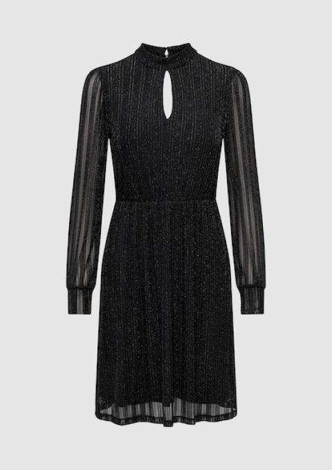 Ein schwarzes Kleid mit langen, transparenten Ärmeln und einem runden Ausschnitt.