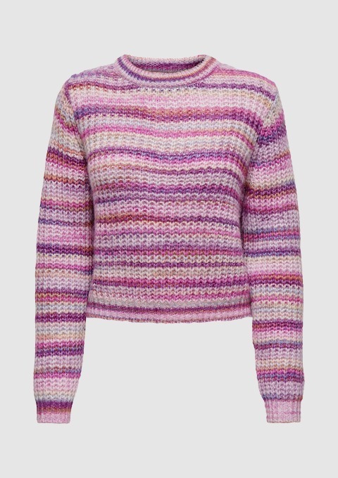 Pullover in Streifenmuster in lila und Rosa-Tönen. Pullover in Streifenmuster in lila und Rosa-Tönen.