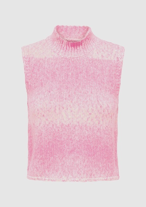 Ärmelloser, rosa Pullover mit stehendem Kragen. Ärmelloser, rosa Pullover mit stehendem Kragen.