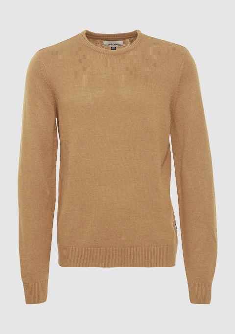 Ein beigefarbener Pullover mit Rundhalsausschnitt und langen Ärmeln. Ein beigefarbener Pullover mit Rundhalsausschnitt und langen Ärmeln.