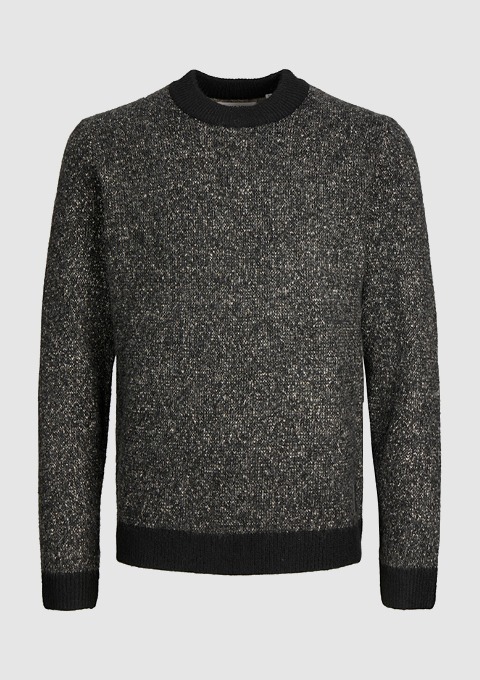 Ein schwarzer, melierter Pullover mit Rundhalsausschnitt und Bündchen. Ein schwarzer, melierter Pullover mit Rundhalsausschnitt und Bündchen.