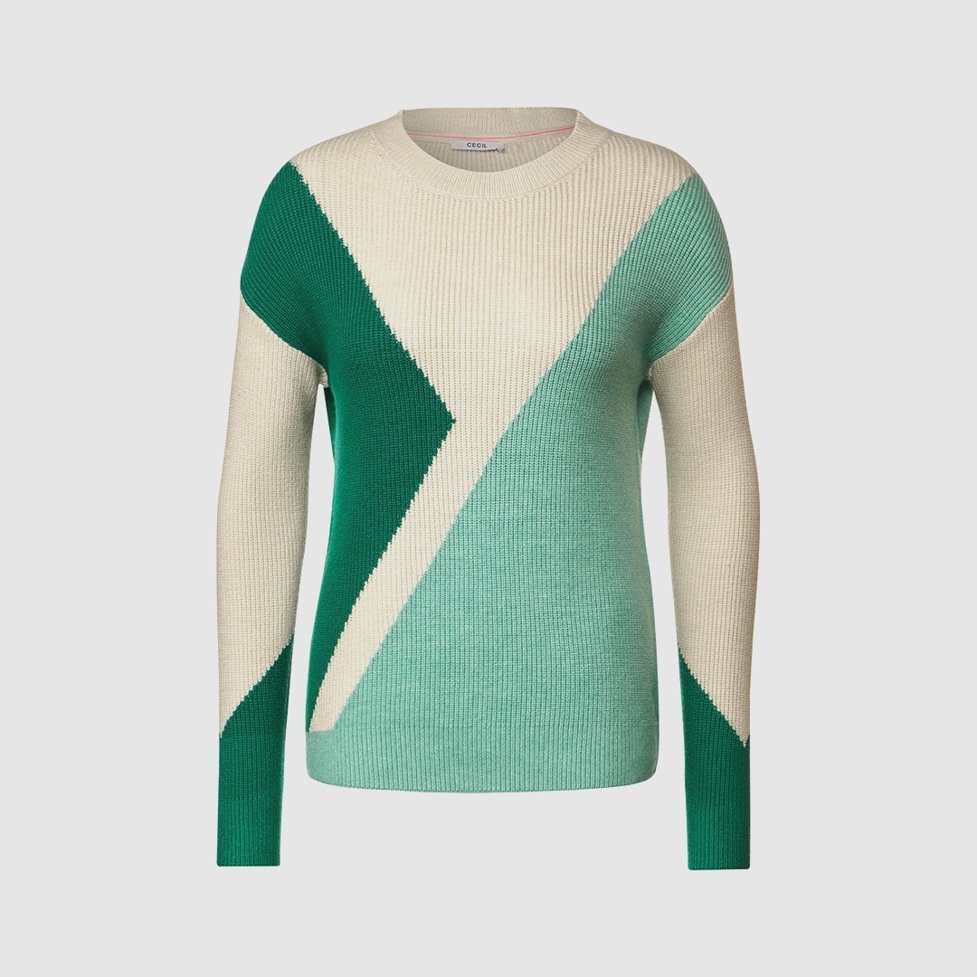 Pulli mit geometrischem Muster in Grün- und Beigetönen. Pulli mit geometrischem Muster in Grün- und Beigetönen.