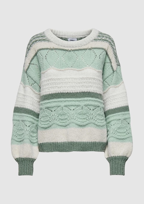 Ein grüner Pullover mit verschiedenen Strickmustern und weißen Streifen. Ein grüner Pullover mit verschiedenen Strickmustern und weißen Streifen.