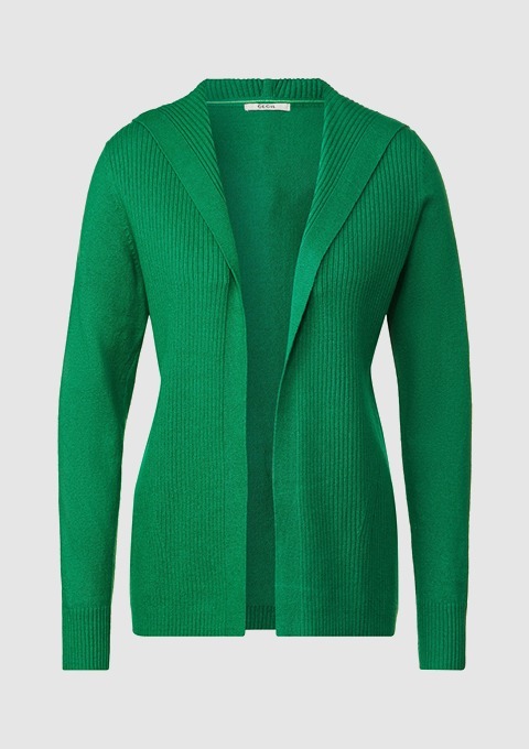 Ein grüner Strickcardigan mit einem offenen Schnitt und V-Ausschnitt. Ein grüner Strickcardigan mit einem offenen Schnitt und V-Ausschnitt.