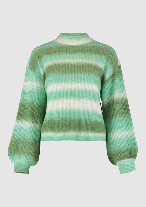 Ein grün-gestreifter Pullover mit einem hohen Kragen und weit geschnittenen Ärmeln. Ein grün-gestreifter Pullover mit einem hohen Kragen und weit geschnittenen Ärmeln.