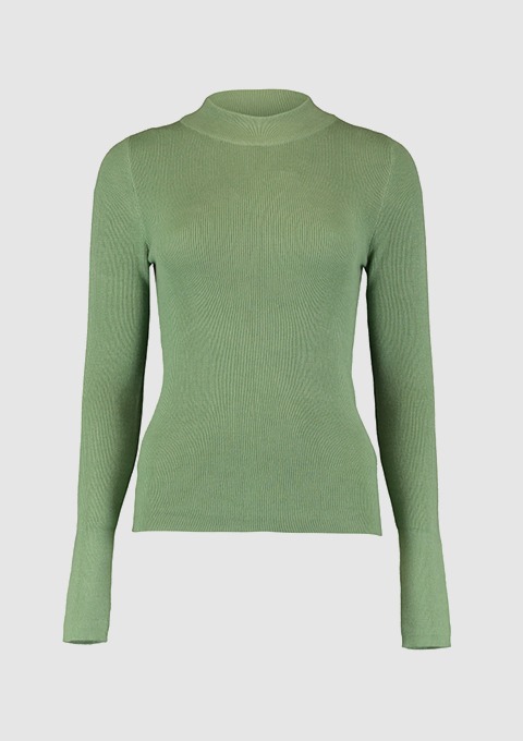Grüner, figurbetonter Pullover mit langen Ärmeln und hohem Kragen. Grüner, figurbetonter Pullover mit langen Ärmeln und hohem Kragen.