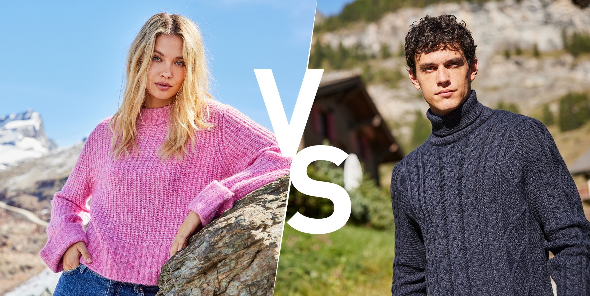 Ein Bild von zwei Modellen im Freien, links eine Frau in einem pinken Pullover, rechts ein Mann in einem dunkelblauen Rollkragenpullover. In der Mitte steht "vs".