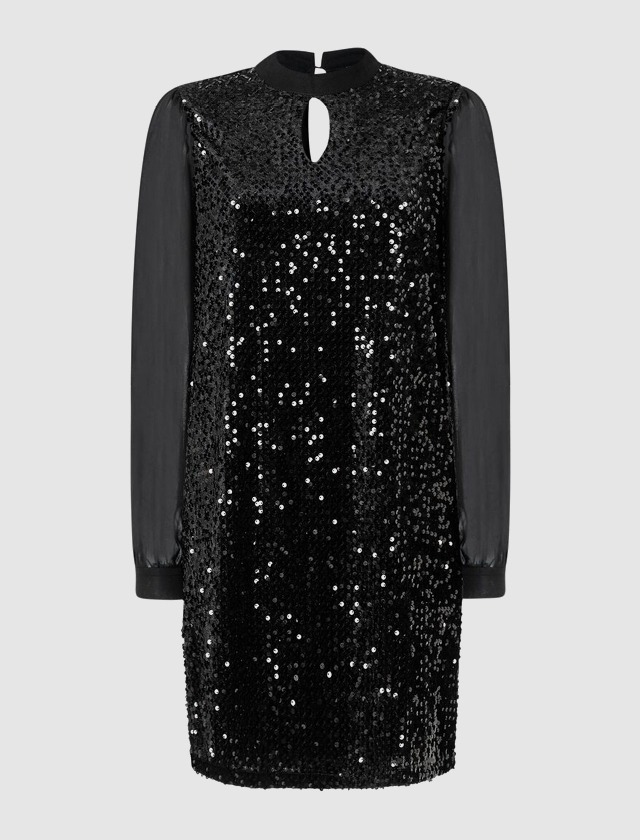 Schwarzes Kleid mit Pailletten und langen transparenten Ärmeln. Schwarzes Kleid mit Pailletten und langen transparenten Ärmeln.