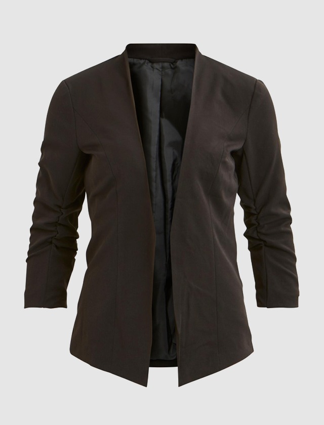 Schwarze Blazerjacke mit langen Ärmeln und offenem Schnitt. Schwarze Blazerjacke mit langen Ärmeln und offenem Schnitt.