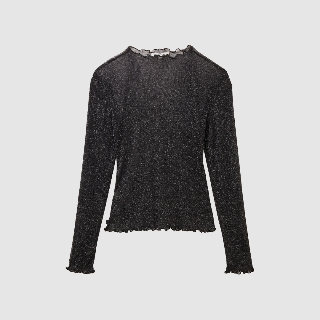 Ein schwarzes, glitzerndes Langarmshirt mit Rüschenkante am Kragen und Saum. Ein schwarzes, glitzerndes Langarmshirt mit Rüschenkante am Kragen und Saum.
