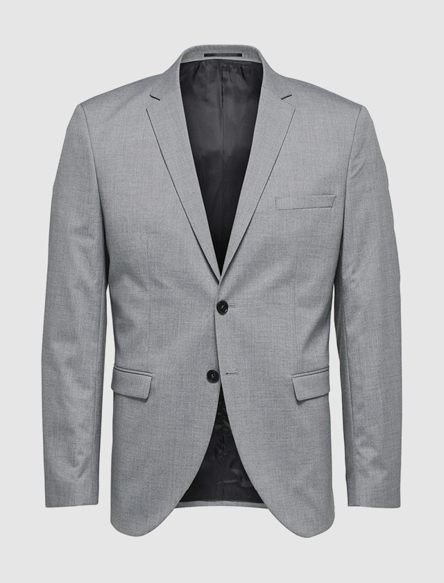 Ein grauer Blazer mit zwei Knöpfen und Taschen. Ein grauer Blazer mit zwei Knöpfen und Taschen.