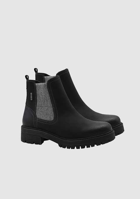 Schwarze Ankle Boots mit Blockabsatz und elastischen Einsätzen.