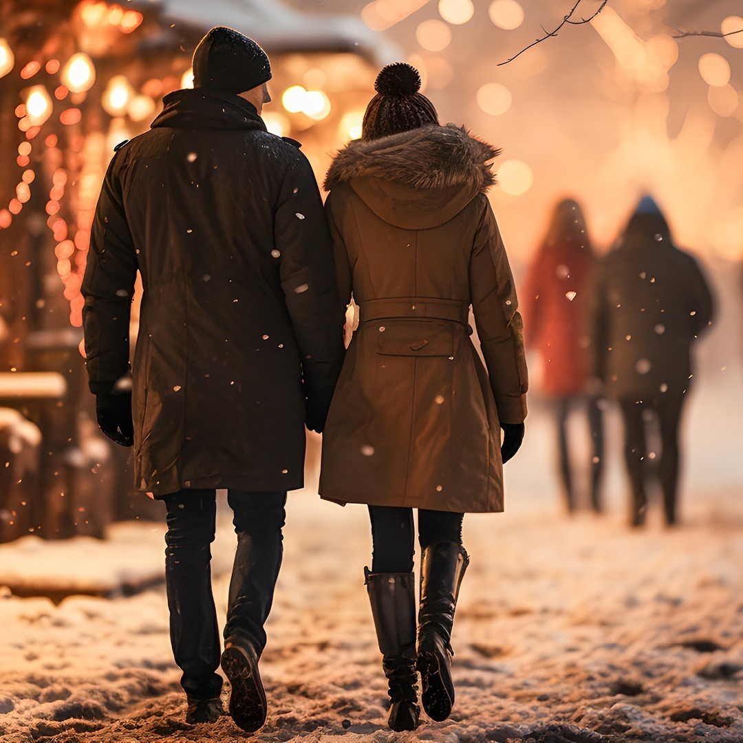 Ein Paar geht Hand in Hand durch schneebedeckte Straßen, umgeben von winterlicher Atmosphäre und Lichtern.