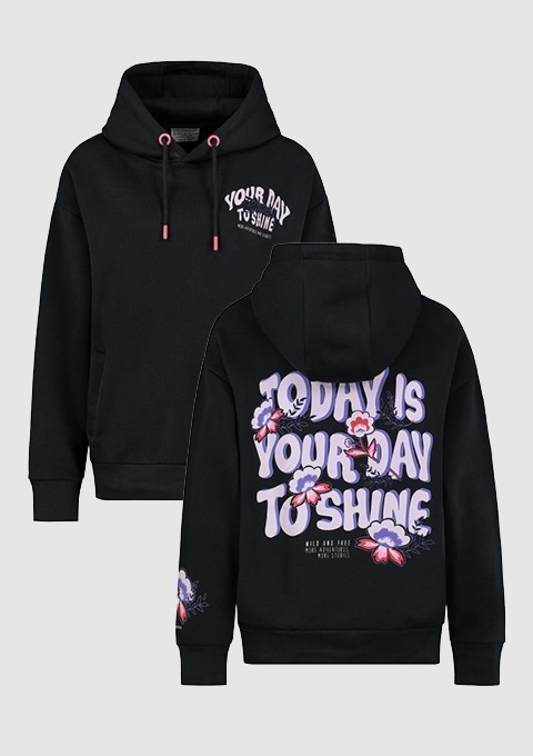 Schwarzer Hoodie mit dem Aufdruck "Today is your day to shine" und floralem Design.