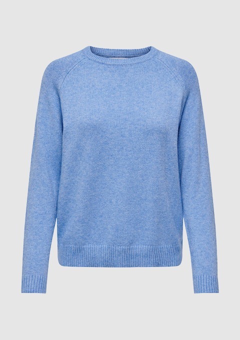 Blauer Pullover mit Rundhalsausschnitt und langen Ärmeln.