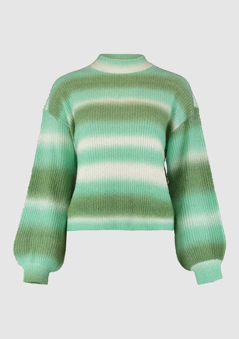 Ein gestrickter Pullover in mintgrün mit grünen und weißen Streifen.