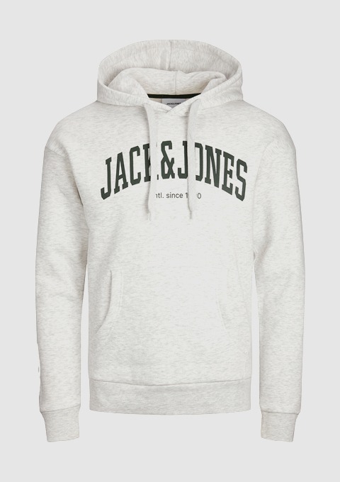 Grauer Hoodie mit Kapuze und Aufdruck "JACK & JONES" in schwarz.