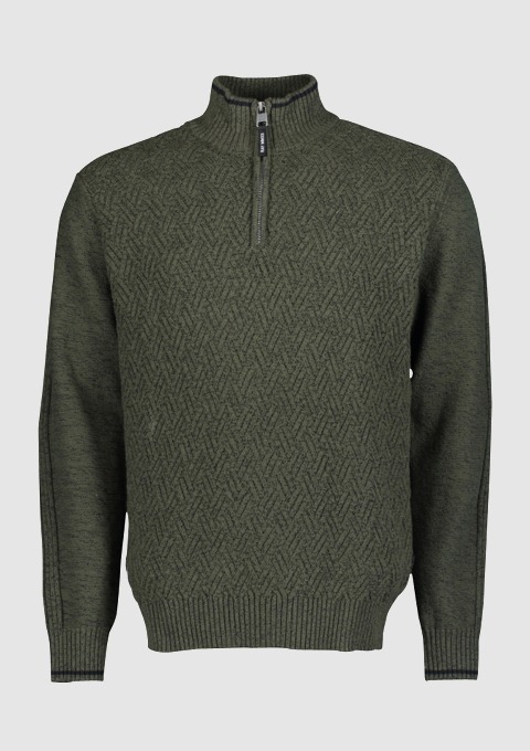 Grüner Pullover mit Reißverschluss und strukturiertem Muster.