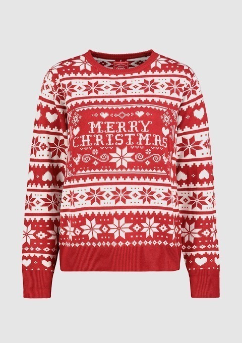 Ein roter Weihnachtspullover mit weißem Muster und dem Schriftzug „MERRY CHRISTMAS“.