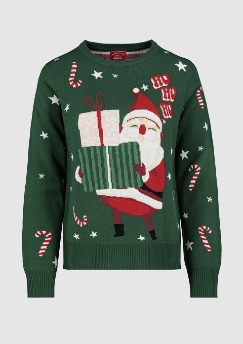 Ein grüner Weihnachtspullover mit einem lustigen Weihnachtsmann, der ein Geschenk hält, umgeben von Zuckerstangen und Sternen.