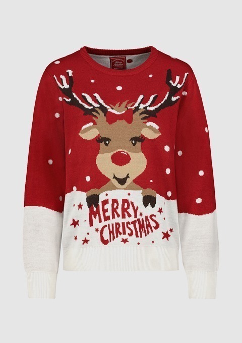 Ein roter Weihnachtspullover mit einem Rentier-Motiv und der Aufschrift "MERRY CHRISTMAS".