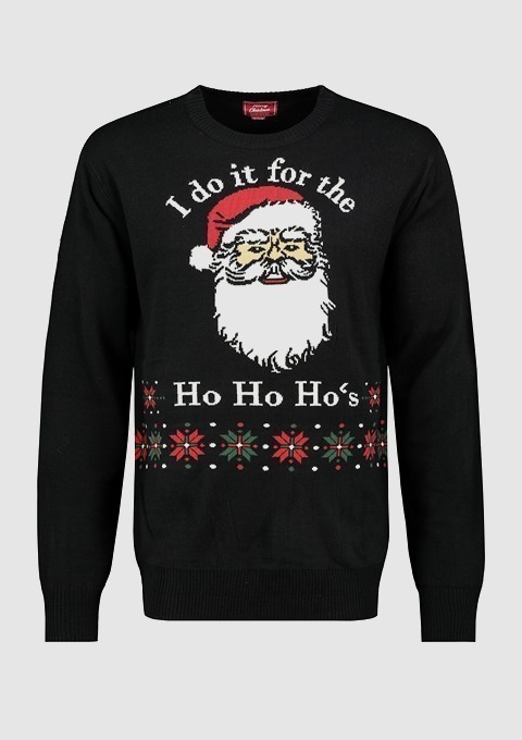 Ein schwarzer Weihnachtspullover mit einem Santa-Motiv und dem Text "I do it for the Ho Ho Ho's".