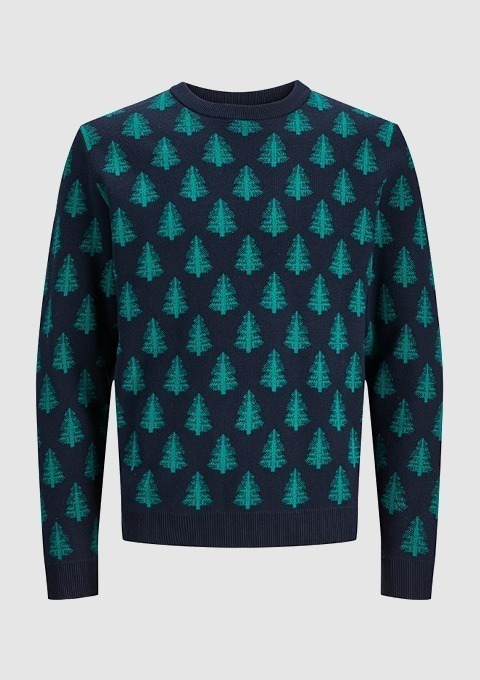 Ein blauer Pullover mit grünen Tannenbaum-Mustern.