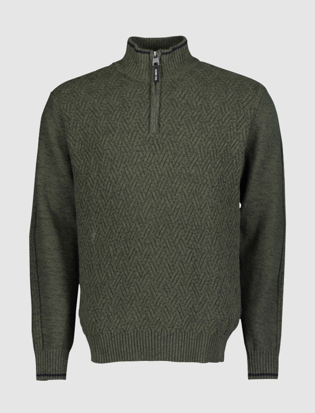 Ein grüner Pullover mit kurzem Reißverschluss und strukturiertem Muster. Ein grüner Pullover mit kurzem Reißverschluss und strukturiertem Muster.