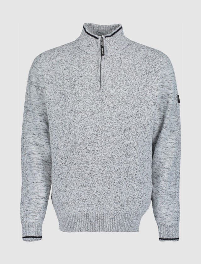 Ein grauer Pullover mit Halbhochkragen und Reißverschluss. Ein grauer Pullover mit Halbhochkragen und Reißverschluss.