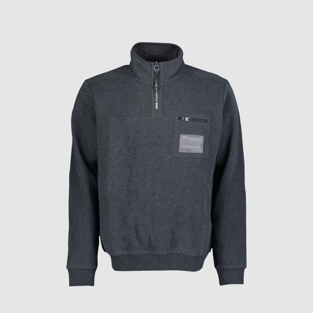 Dunkelgrauer Pullover mit Stehkragen und Reißverschluss. Dunkelgrauer Pullover mit Stehkragen und Reißverschluss.