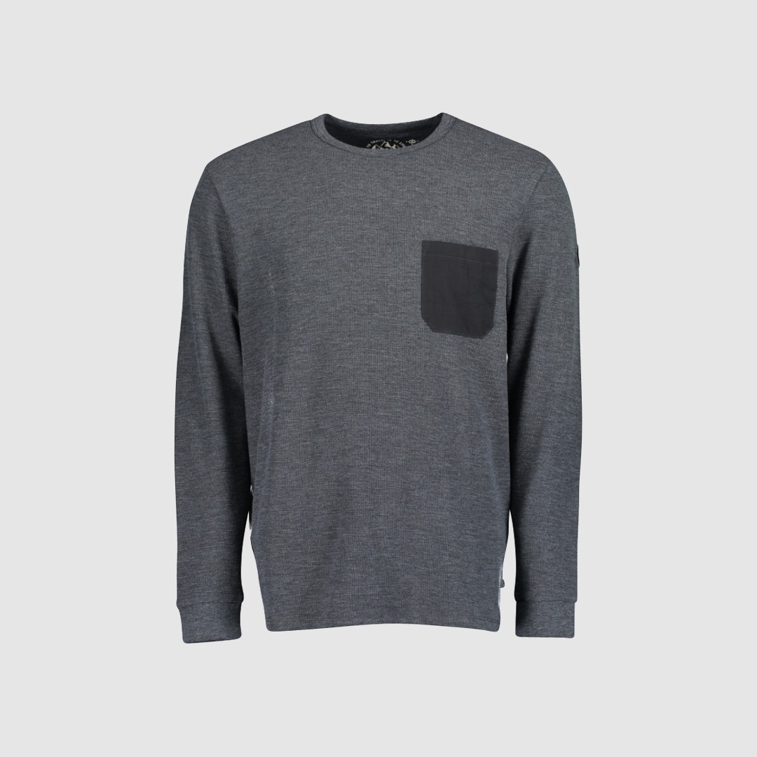 Ein graues Langarmshirt mit einer dunklen Brusttasche. Ein graues Langarmshirt mit einer dunklen Brusttasche.