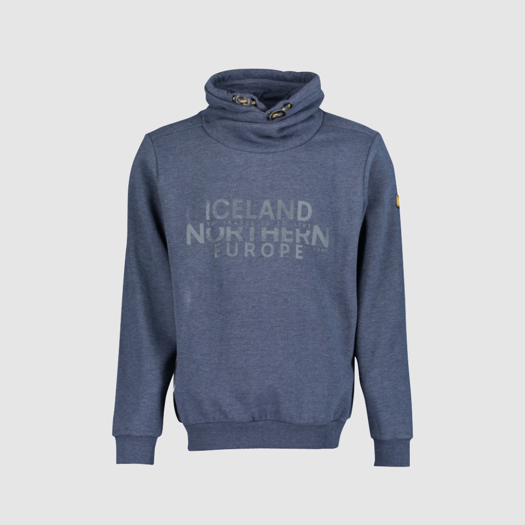 Blauer Sweatshirt mit hohem Kragen und Aufdruck „ICELAND NORTHERN EUROPE“. Blauer Sweatshirt mit hohem Kragen und Aufdruck "ICELAND NORTHERN EUROPE".